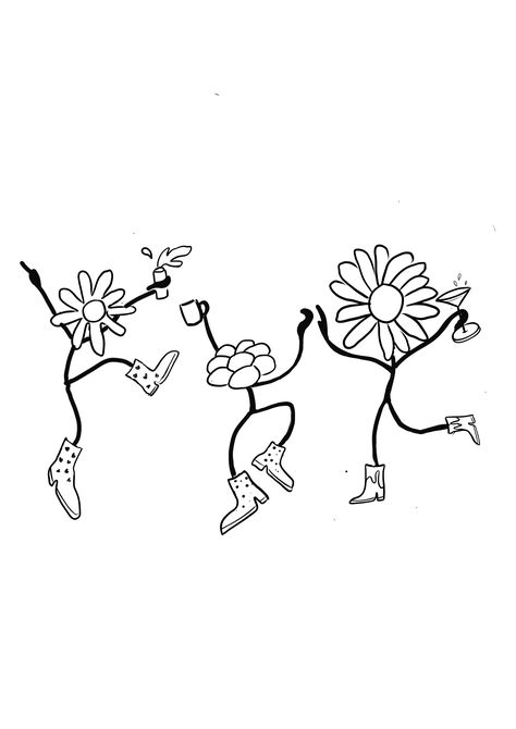 Dancing Daisy Tattoo, Dancing Flowers Illustration, Dancing Flowers Tattoo, Flower People Drawing, Friends Illustration Art Friendship, Friendship Art Drawings, Dancing Flower Tattoo, Doodle Dancing, Friendship Doodles