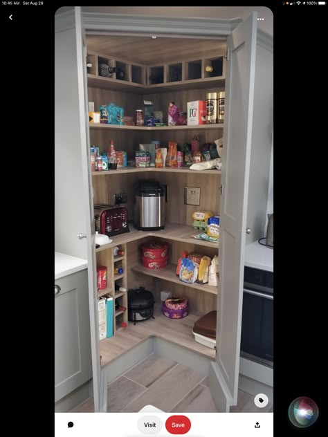 Step In Corner Pantry, Corner Cupboard Pantry, Corner Pantry Unit, Corner Grocery Cupboard Ideas, Howdens Corner Larder Unit, Corner Pantry Next To Fridge, Corner Larder Cupboard, Small Corner Pantry Ideas, Corner Cupboard Ideas