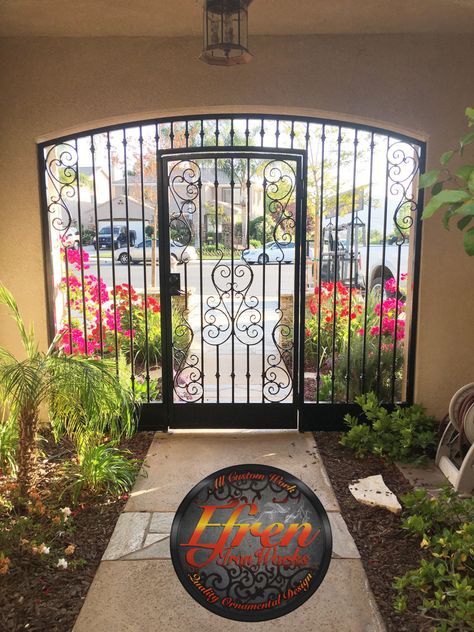 Gated Front Door Entryway, Wrought Iron Porch Enclosure, Wrought Iron Gates Entrance Front Entry, Wrought Iron Front Porch, Ranch Entry Gates, Iron Front Gate, Folding Door Design, Modern Garage Door, Garage Door Designs