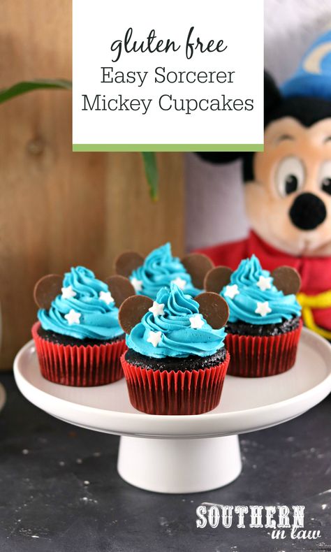 The Best Gluten Free Chocolate Cupcakes Recipe becomes Sorcerer Mickey with this super easy birthday cake idea! Boiling water is the secret to making soft, moist and fluffy gluten free cupcakes. Super simple these cupcakes use ingredients you already have in your pantry (and no butter or almond flour!) so you can whip them up in minutes. Inspired by Disneyland, every Disney fan or Mickey Mouse lover will adore these cute cupcakes! Gluten Free Cupcake Recipe, Easy Birthday Cake, Chocolate Cupcakes Recipe, Mickey Cupcakes, Gluten Free Chocolate Cupcakes, Disney Cupcakes, Mickey Mouse Cupcakes, Sorcerer Mickey, Mickey Cakes