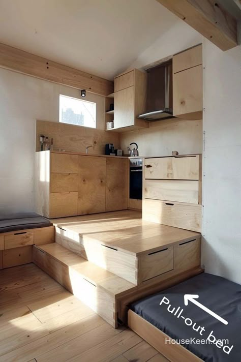 7 Amazing Tiny House Bed Ideas (Image Series) Bed Under The Stairs, House Bed Ideas, Tiny House Bed Ideas, Wooden Kitchen Floor, Elevated Kitchen, Tiny House Bed, Tiny House Furniture, Tiny House Stairs, Small Floor Plans