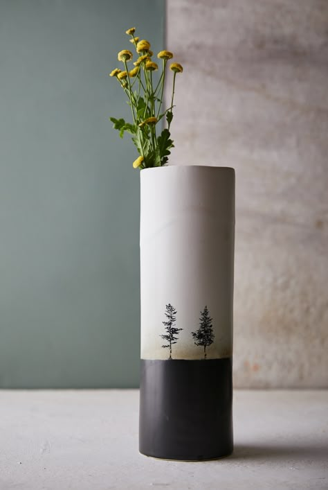 "A modern black and white ceramic cylinder vase. The vase comes with black ceramic tree decals (prints) on it. Product description: Diameter 4\" (10 cm) Height 11.5\" (29 cm) Color: Black and White View more ceramic planters, vases, and bowls in different colors and sizes - https://etsy.me/2sinCnW Please feel free to contact me with any questions you may have. I am happy to assist. Thank you, Dannah, ClaybyDannah" Flower Vase Ceramic, Tall Flower Vase, Black And White Vase, Diy Pottery Painting, Pottery Pot, Advanced Ceramics, Pottery Painting Designs, Vase Ceramic, Ceramics Ideas