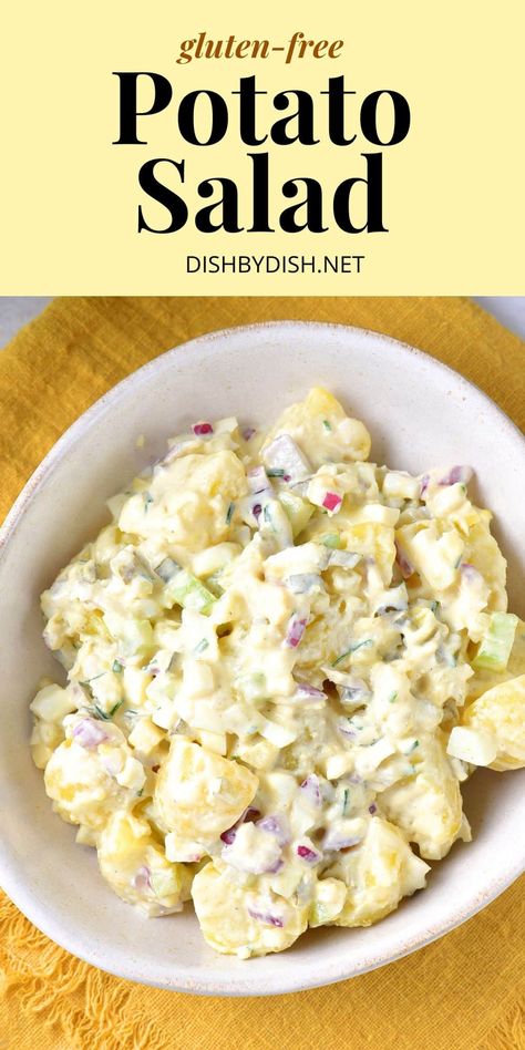 Creamy and flavorful, this gluten-free potato salad is the perfect side dish for summer potlucks, picnics and gatherings. Comes together super easily, this salad recipe can be easily doubled to feed a crowd. Totally dairy-free too. Gluten Free Cookout Sides, Non Dairy Potato Salad, Gluten Free Dairy Free Potato Salad, Gluten Free German Potato Salad, Gluten Free Potato Salad, Dairy Free Potato Salad, Gluten Free Potluck, Side Dishes For Ham, Summer Potluck