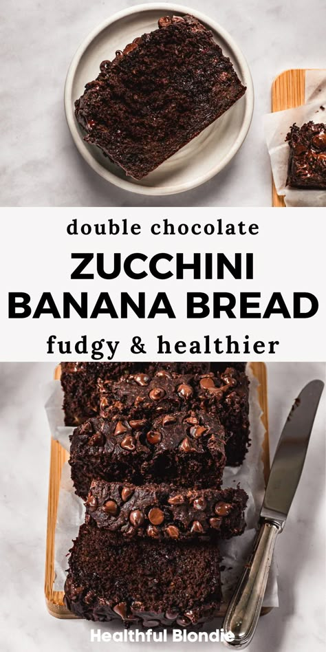 This super fudgy double chocolate zucchini bread recipe with banana is healthy, naturally sweetened with maple syrup, and made with both oat flour and whole wheat flour. It's an easy chocolate bread that's kid-friendly, nutritious, and tastes like a fudgy brownie! Zucchini And Banana Recipes, Zucchini And Banana Bread, Chocolate Zucchini Bread Healthy, Sweet Zucchini Bread, Banana Zuchini Baking Recipes, Zucchini Banana Recipes, Oat Flour Zucchini Bread, Healthy Loaf Recipes, Zucchini Brownies Healthy