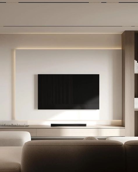 Do you love this space? 😍 - Follow @zenqarchitecture for more!👈🏻 - By @_mora_design_studio_ Quiet Luxury Interior Design Living Room, Tv Area Decor, Ambient Bedroom, Tv Wall With Fireplace, Contemporary Minimalist Living Room, Modern Minimalist Living Room Minimalism, Toronto Living, Tv Zone, Luxury Interior Design Living Room