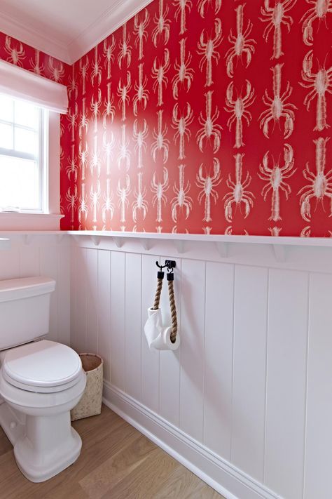 HGTV presents a lovely, coastal bathroom with a lobster print wallpaper in red and white. Lobster Wallpaper, Coastal Bungalow, Cottage Wallpaper, Beach Bungalow, Cottage Bathroom, Red Cottage, Nautical Bathrooms, Coastal Bathrooms, Bathroom Red