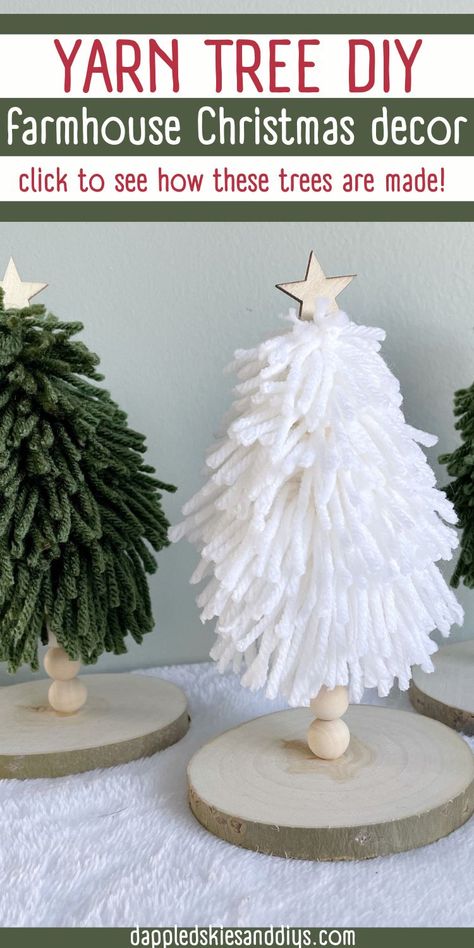 Yarn trees DIY using yarn, wood beads and wood slices. Boho Winter Decor Diy, Diy Yarn Christmas Decor, Diy Christmas Tree With Yarn, Green Yarn Christmas Crafts, How To Make A Tassle Diy, Diy Christmas Trees With Yarn, Diy Yarn Christmas Tree Decorations, Christmas Trees Made From Yarn, How To Make Tassel Christmas Tree