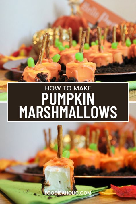 How To Make Pumpkin Marshmallows At Foodieaholic.com Halloween Marshmallows, Marshmallow Halloween, Chocolate Covered Marshmallow, Pumpkin Marshmallow, Marshmallow Sticks, Chocolate Dipped Marshmallows, Flavored Marshmallows, Pumpkin Dip, Marshmallow Dip