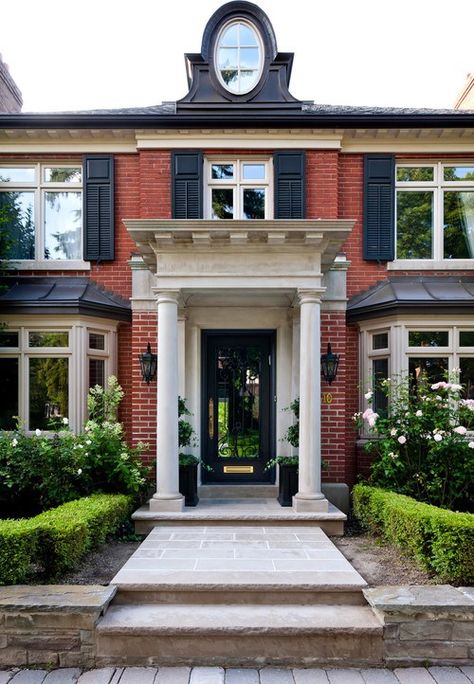 Portico Entry, Double Door Entryway, Georgian Architecture, Bay Windows, Forest Hill, Windows Exterior, Front Entrances, Window Styles, Exterior Paint Colors