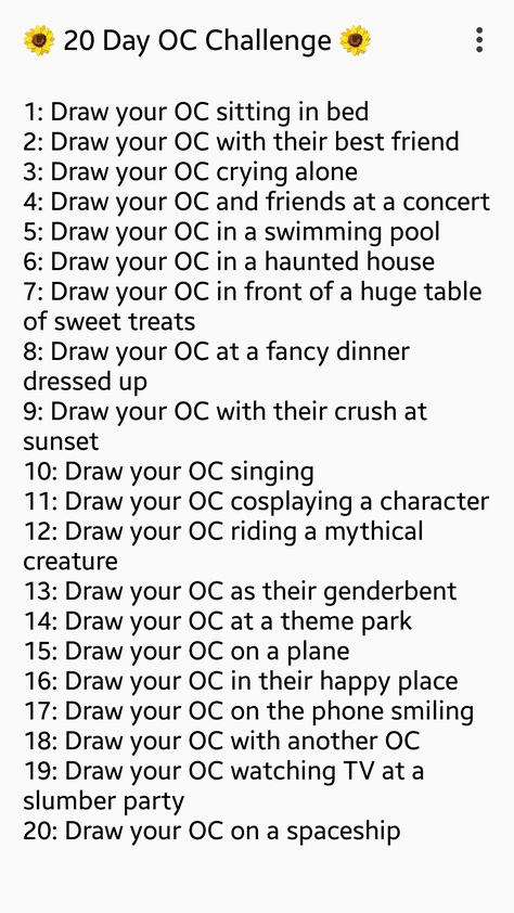 20 Day OC Challenge! Drawing Oc Inspiration, 30 Days Drawing Challenge Oc, Drawing Prompts For Ocs, Oc Challenge 20 Days, Oc 30 Day Challenge, List Of Art Ideas, Oc Art Ideas List, 30 Day Oc Art Challenge, Oc Challenge Days