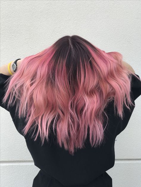 •oliviasavidge• Pink Hair With Roots Dark, Pink With Dark Roots, Dark Root Pink Hair, Colored Hair With Dark Roots, Shirt Pink Hair, Dark And Pink Hair, Pink Hair With Roots, Pink Hair Black Roots, Shoulder Length Pink Hair