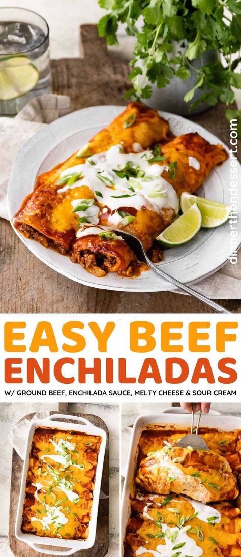 Beef Enchiladas are made with flavorful ground beef, warm tortillas, enchilada sauce, and melty cheese, all topped with sour cream and green onions. The perfect Mexican weeknight dinner! Easy Chicken Enchiladas, Easy Beef Enchiladas, Beef Enchilada Recipe, Ground Beef Enchiladas, Beef Enchilada, Mexican Side Dishes, Homemade Enchiladas, Enchiladas Recipe, Mexican Dinner