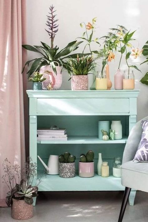 Pastel Plant Aesthetic, Antique Pastel Aesthetic, Pastel Bedroom Furniture, Pastel Rainbow Living Room, Colorful Plant Room, Pastel Color Decor, Pastel Home Ideas, Pastel Home Aesthetic, Pastel House Interior