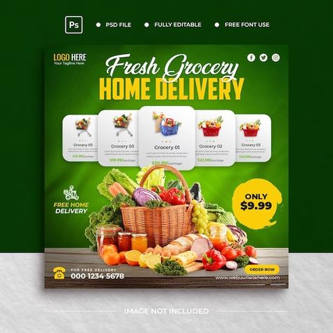 Premium PSD | Grocery sale social media post template Grocery Flyer, Store Flyers, Illustrator Graphic Design, Adobe Illustrator Graphic Design, Social Media Post Template, Fresh Groceries, Online Grocery Shopping, Delivery Groceries, Post Templates