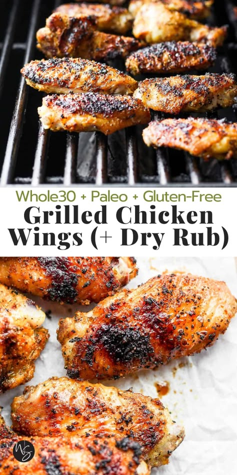 Grilled Chicken Wings (+ dry rub) is your go-guide on how to grill chicken wings! Learn all our tips and tricks (like how to get that sauce to stick) and we are included an amazing grilled chicken dry rub if you want to try that out! This recipe is Whole30, Paleo, Gluten-Free and Dairy-Free. Wings Dry Rub, Chicken Dry Rub, Chicken Wing Recipes Grilled, Whole 30 Chicken Wings, Grilled Wings Recipe Dry Rubs, Whole 30 Chicken Wings Recipes, Chicken Wings Grilled, Paleo Wings Recipe, Grilled Wings Dry Rub