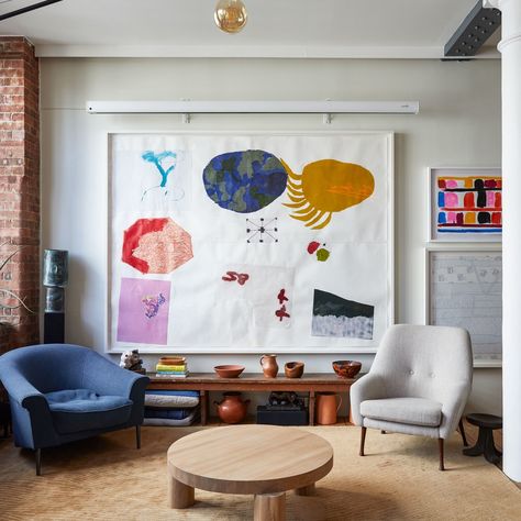 Art On The Wall, Russell Tovey, Warehouse Apartment, The World Of Interiors, Exposed Brick Walls, Charlotte Perriand, Mid Century Chair, Celebrity Houses, London Design