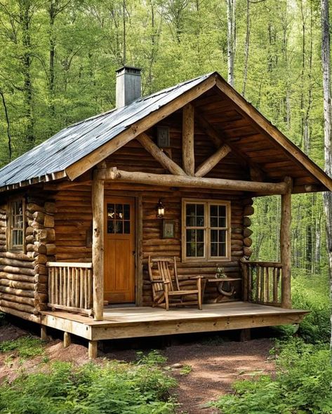 Amish Built Cabins, Rustic Tiny House Cabin, Mini Cabin Ideas, Rustic Small Cabin, Tiny Rustic Cabin, Cabin Night, Small Mountain Cabin, Small Cabin House, Simple Cabin