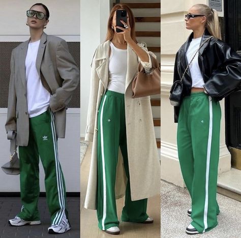 Adidas Joggers Outfit Women, Green Track Pants Outfit, Track Pants Outfit Women, Green Wide Leg Pants Outfit, Pants Verde, Adidas Track Pants Outfit, Sporty Fits, Joggers Outfit Women, Adidas Outfits