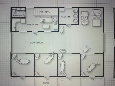 Horse barn design with loft Horse Stables Layout, Horse Ranch Floor Plans, Horse Ranch Ideas, Equestrian Stables Layout, Horse Stables Design Floor Plans, Horse Stable Design Floor Plans, Barn Blueprints, Horse Stable Blueprints, Horse Stable Layout Floor Plans