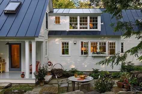 Antique Cape — SMITH & VANSANT ARCHITECTS Blue Metal Roof, Cape Style Homes, Restored Farmhouse, White Siding, Pc Photo, Shed Dormer, Standing Seam Metal Roof, Blue Roof, Cape House