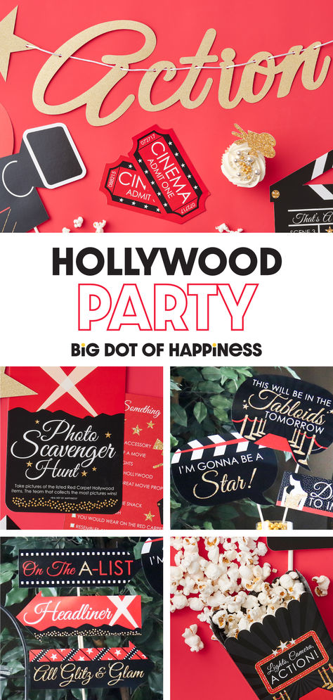 Hollywood party decor, games, and favors for Old Hollywood glam award show party theme. Hollywood Nights Theme Party, Red Carpet Prom Theme, Hollywood Party Games, Hollywood Red Carpet Party, Hollywood Theme Party Decorations, Red Carpet Theme Party, Popcorn Favor, Red Carpet Theme, Games Photo