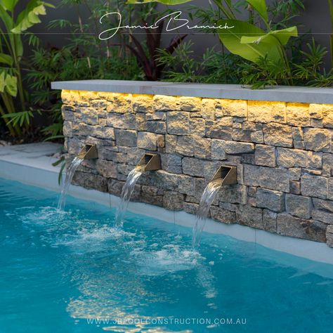 Pool Back Wall Ideas, Water Feature Pool Waterfalls, Pool Spouts Water Features, Pool With Fountain Wall, Pool Water Feature Wall, Landscaping Features, Villa Inspiration, Cocktail Pool, Outdoor Amenities