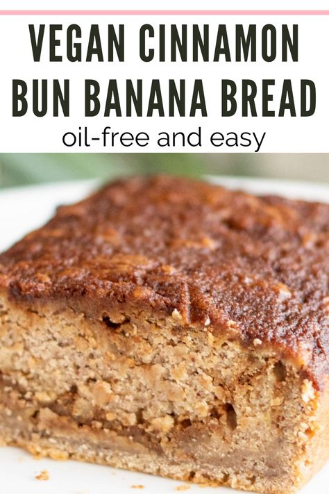 Vegan cinnamon bun banana bread is simple, gluten-free, 100% plant-based, easy vegan dessert, and totally healthy. WFPB and oil-free! #vegandessert #easyvegandessert #glutenfree #oilfree #wfpb #plantbaseddiet #glutenfreevegan #vegantreat #vegandessertidea Vegan Oil Free Banana Bread, Vegan Dessert Bread Recipes, Vegan Oil Free Recipes Baking, Vegan Banana Breakfast Recipes, Wfpb Banana Bread, Oil Free Gluten Free Vegan Recipes, Wfpb Bread Recipe, Vegan Banana Nut Bread, Vegan Banana Bread Cookies