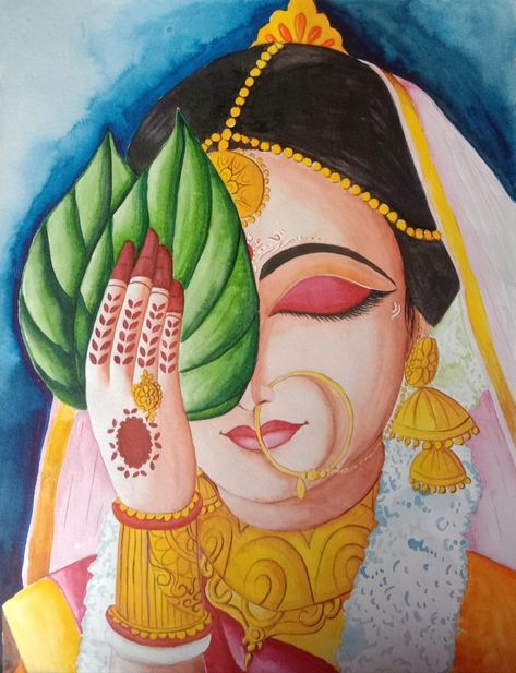 Bengali Bride Painting, Bengali Bride Drawing, Meenakari Painting, Marriage Painting, Mehndi Drawing, Bengal Art, Kolkata City, America Wedding, Village Scene Drawing