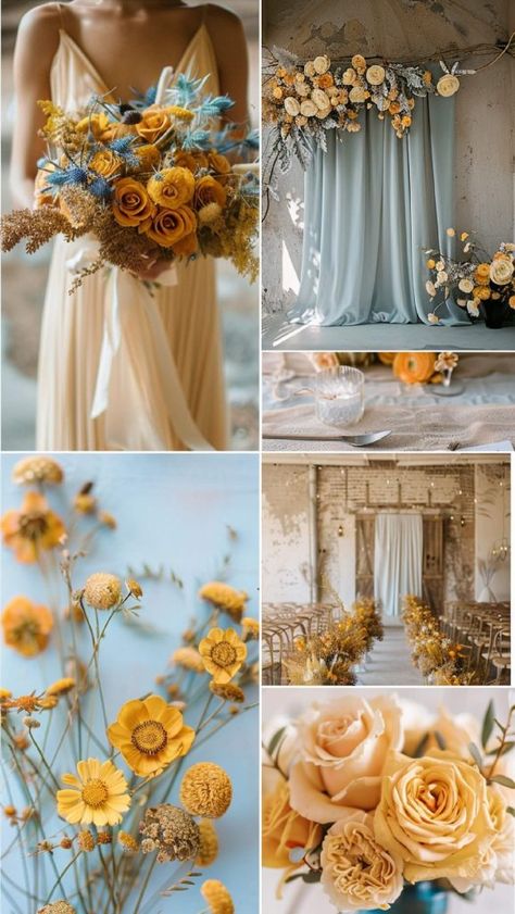 Wedding Palate, Yellow Wedding Centerpieces, Seafoam Green Wedding, Blue Wedding Theme Ideas, Green Wedding Palette, Cornflower Blue Wedding, September Wedding Colors, Blue Yellow Weddings, Champagne Wedding Colors