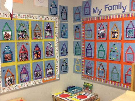 Art Center-House picture frames with photos or drawings- Amy Calabrese MISD Family Photo Wall Preschool Classroom, Preschool Artwork, Preschool Families Activities, Family Crafts Preschool, Preschool Displays, November Themes, Preschool Family Theme, Displaying Family Pictures, Read Faster