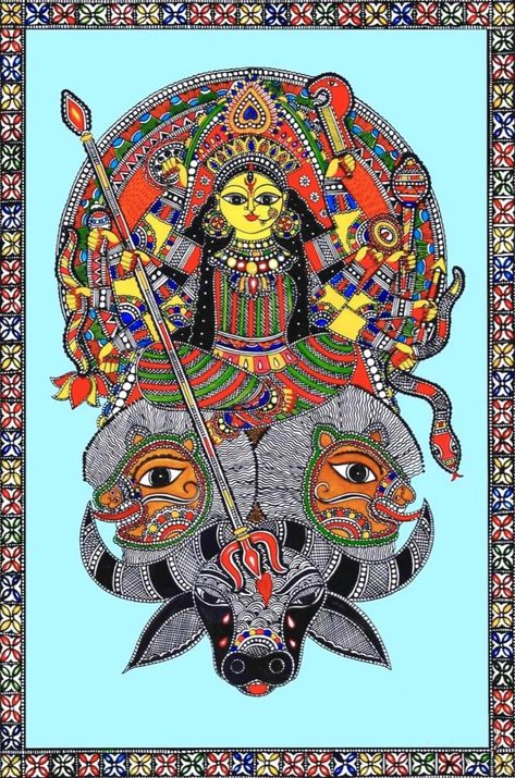 Maa Kali Madhubani Painting, Maa Durga Madhubani Painting, Madhubani Durga Painting, Nav Durga Painting, Madhubani Embroidery, Durga Madhubani Painting, Maa Durga Painting, Parvati Maa, Madhubani Designs