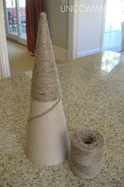 Burlap and Twine Trees... { Last Minute Holiday Home Decor Tutorial } - Uncommon Designs... Shabby Tree Blog, Burlap Christmas Decorations, Tabletop Christmas Trees, Twine Diy, Yarn Trees, Christmas Cones, Shabby Tree, Diy Burlap, Cone Christmas Trees