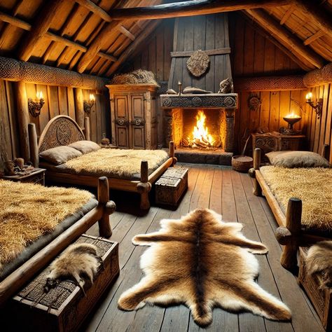 Viking House Interior Concept Art, Norse Longhouse, Viking Fireplace, Viking House Interiors, Medieval Cabin, Hygge Bedroom Ideas, Viking Longhouse, Tudor Decor, Decorating With Maps