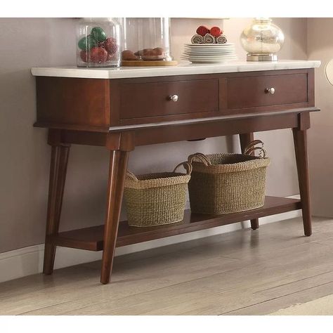 Keep all of your dining essentials close at hand with this server. The smooth, white marble surface space is ideal for serving or display while each of the walnut wood drawer’s welcome flatware, linens and more. Rectangular legs offer support while a lower shelf provides an additional place to store or display any number of items. Features 2 Drawers and open bottom shelf included Wooden frame Walnut finish Accommodates up to 55\" TVs Tables For Dining Room, Modern Buffet Table, Marble Dining Tables, Scale Decor, Marble Top Sideboard, Modern Buffet, White Sideboard, Kitchen Sideboard, Walnut Dining Table