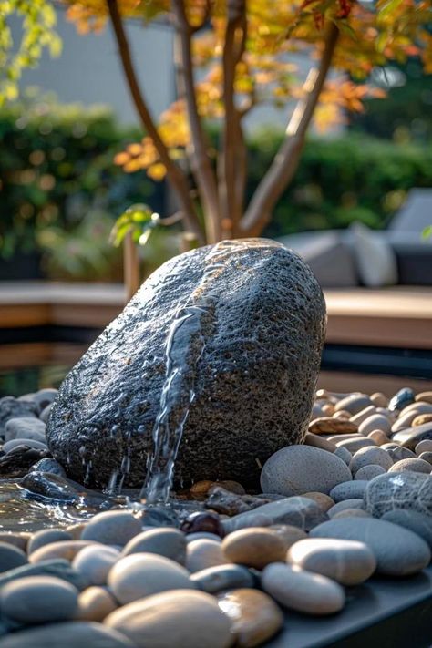 River Rock Fountain Ideas for Tranquil Gardens Rock Fountains Outdoor, Fountain Decoration Ideas, Rock Fountain Ideas, Tree Stump Fountain, Bubbling Rock Fountain, Backyard Fountain Ideas, Rock Water Feature, Diy River Rock, Yard Fountain