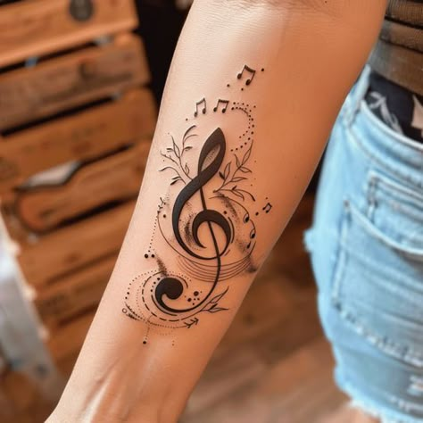 Wrist Tattoos For Women Floral, Music Tattoo Arm, Music Notes Tattoo Designs, Music Wrist Tattoos, Feminine Forearm Tattoo, Music Heart Tattoo, Musical Tattoos, Music Lover Tattoo, Violin Tattoo