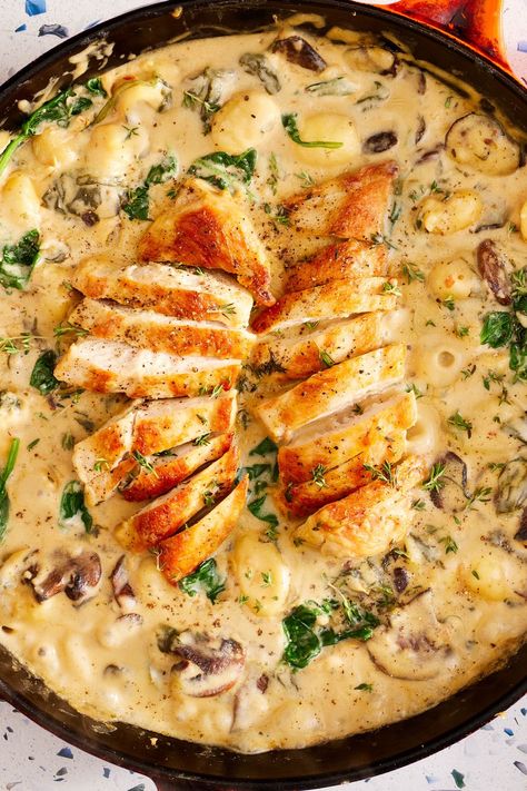 One-Pan Chicken & Gnocchi - Delish.com Creamy Chicken Gnocchi, Baked Gnocchi, Chicken Gnocchi, One Pan Chicken, Gnocchi Recipes, Pan Chicken, Chicken Potatoes, One Pan, Creamy Chicken