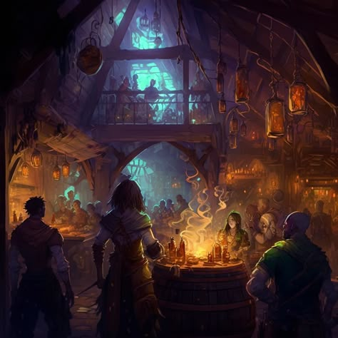 Fantasy Speakeasy Art, Fantasy Blacksmith Shop Concept Art, Pirate Tavern Art, Tavern Interior Art, Fantasy Club Art, Tavern Dnd Art, Tavern Astethic, Tavern Keeper Dnd, Fantasy Bar Art