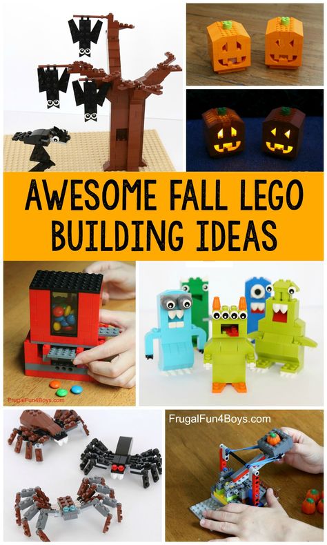 Super fun fall themed LEGO building ideas - Instructions for spiders, bats, a pumpkin catapult, and more. Halloween Legos, Lego Building Ideas, Lego Learning, Lego Candy, April Activities, Lego Halloween, Billy Kid, Nail Art Halloween, Lego Challenge