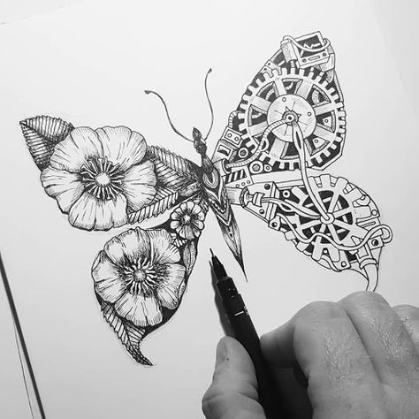 Design Stack: A Blog about Art, Design and Architecture: Steampunk Animals Clockwork Drawings Steampunk Butterfly Drawing, Mechanical Butterfly Tattoo, Steampunk Butterfly Tattoo, Mechanical Butterfly, Mother Tattoo, Steampunk Drawing, Sketch Tattoos, Bugs Drawing, Steampunk Tattoo