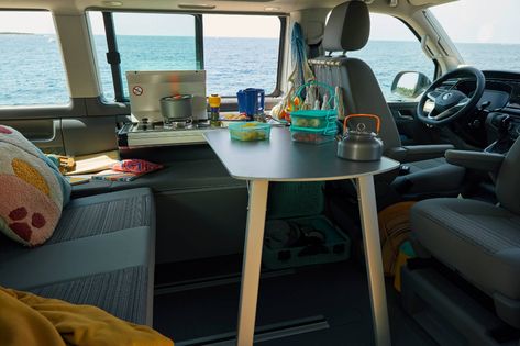 Base 2020 VW California Beach Camper Gains Hideaway Mini Kitchen | Carscoops Vw California Camper, Sleeper Van, T6 California Beach, Vw California T6, Camping Vans, Camper Van Kitchen, Vw California Beach, Beach Camper, Caravan Salon