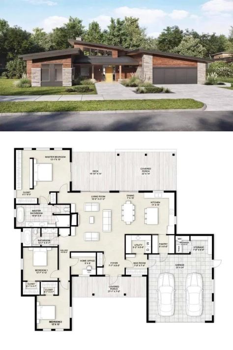 2,200 Sq Ft Contemporary-Style House Plan with 3 Bedrooms, Front Porch, and Double Garage Home With Front Porch, Wood Plank Ceiling, Southern Traditional, Gambrel Roof, Garage Floor Plans, Country Craftsman, Contemporary Bar Stools, Clerestory Windows, Jack And Jill Bathroom