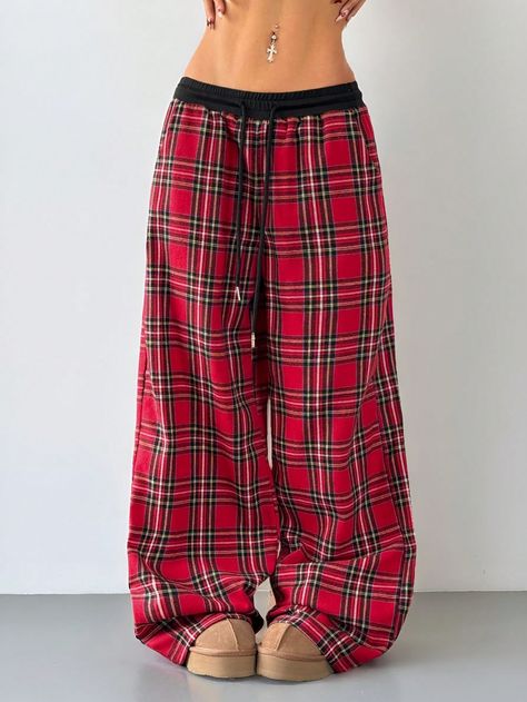 SHEIN Coolane Women's Fall/Winter Y2K Plaid Wide Leg Pants For Christmas | SHEIN USA Y2k Pajamas, Red Pajama Pants, Plaid Wide Leg Pants, Tartan Pants, Red Pajamas, Pajamas Pants, Drawstring Waist Pants, Checkered Pants, Winter Y2k