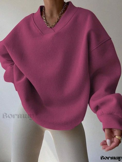 New Fall Collection Women's Solid Color Long Sleeve Round Neck Pullover Sweatshirt - Oversized & Relaxed Fit Accessories Classy, Outfit Pieces, Dropped Shoulder Sweatshirt, Fall Winter Dresses, Red Violet, Sports Shirt, Women Sports, Dresses Outfits, Long Blouse