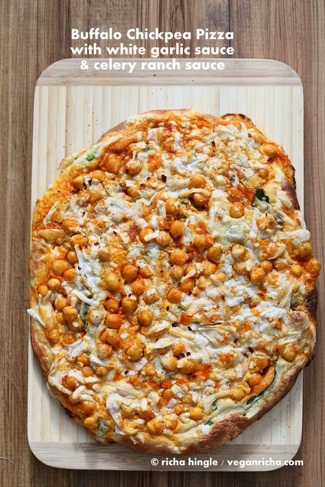 Buffalo Chickpea Pizza with White Garlic Sauce and Celery Ranch Dressing. Vegan Recipe - Vegan Richa Chickpea Pizza, White Garlic Sauce, Buffalo Pizza, Buffalo Chickpea, Garlic Ranch, Vegan Richa, Creamy Garlic Sauce, Veg Food, Creamy Garlic