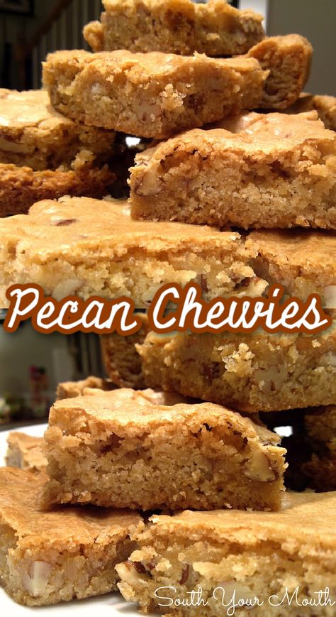 Pecan Chewies! An old-fashioned Southern recipe for chewy snack cake bars studded with pecans, similar to blondies but with a little more sass. Southern Pecan Chewies, Chewy Bread Recipe Desserts, Pecan Deserts, Pecan Chewies Recipe, Pecan Chewies, Pecan Blondies Recipe, Chewy Blondies Recipe, Chewies Recipe, Desserts Bars