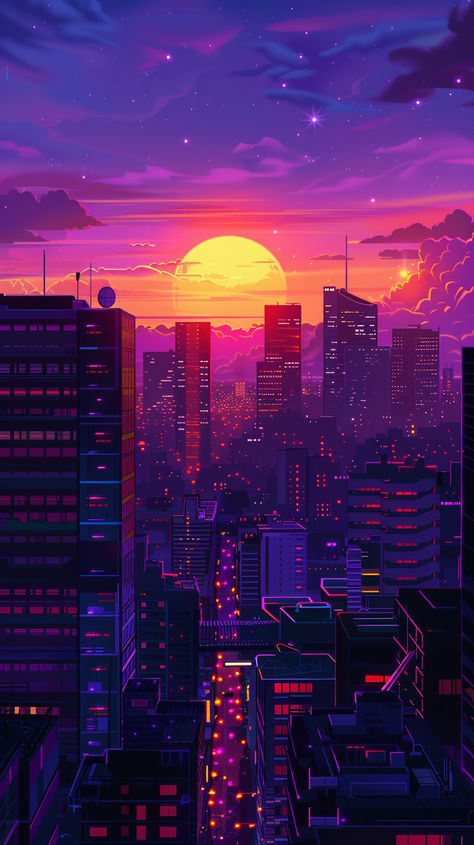 Step into a neon-soaked city at dusk, where purple skies meet glowing skyscrapers. A throwback to the 80s with a video game aesthetic—let nostalgia lead the way.#RetroCity #PixelArt #Synthwave #SunsetVibes #RetroGaming #NeonCity #CityscapeArt #DigitalArt #80sAesthetic Video Game Background Aesthetic, Dark Synthwave Aesthetic, Neon City Aesthetic, 80s Synthwave Aesthetic, Synthwave Space, Anais Wallpaper, Vaporwave City, Synthwave Wallpaper, Neon Pictures