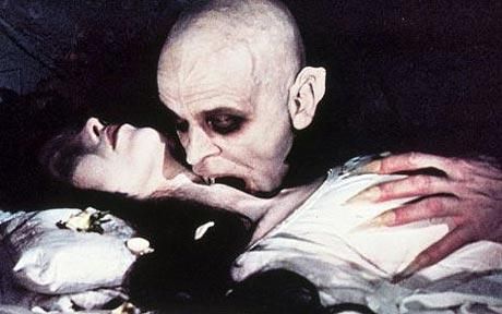 Erotic Female Vampire Bites Woman | ... stilol of Nosferatu, the Vampyre (1979), vampire biting a woman's neck Vampire Biting Neck, Vampire Biting, Bed, White, Black