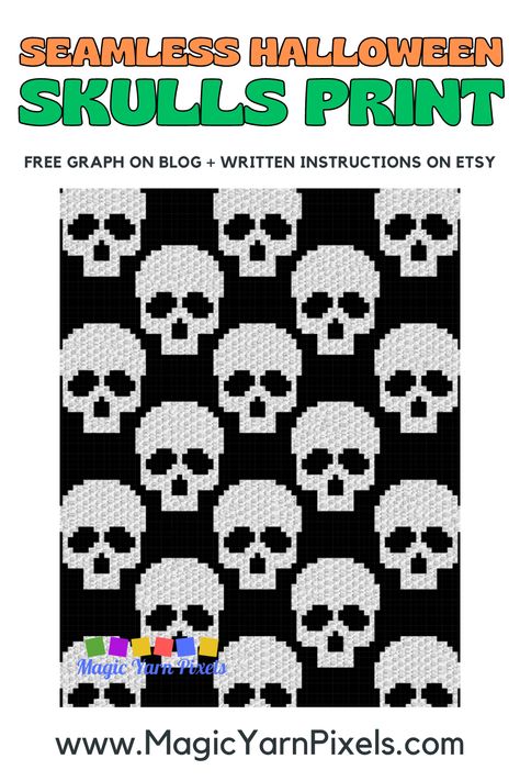 I have a C2C crochet pattern for a Skulls blanket. It's perfect for anyone into gothic or alternative style. Download the free crochet graph from Magic Yarn Pixels. Written C2C and row-by-row patterns with multi-page graphs also available. Pixel Crochet Pattern Free, C2c Crochet Pattern, C2c Graph, C2c Crochet Pattern Free, Skull Blanket, Halloween Skulls, Graph Patterns, Crochet Graph, Crochet Skull