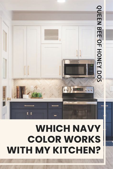 Do you drool when you see navy cabinets but worry that you can't pull it off? Ditch the fear. Here's the best navy options and how to make it work. #paint #color #navy #cabinets Navy Lowers And White Uppers, Navy Base Cabinets White Upper Cabinets, Navy Blue Kitchen Cabinets With Gray Floors, Wall Color For Navy Cabinets, Navy Cream Kitchen, Navy Lower Kitchen Cabinets, Hardware For Navy Cabinets, Best Navy Paint For Cabinets, Navy Blue Kitchen Cabinets On Bottom White On Top